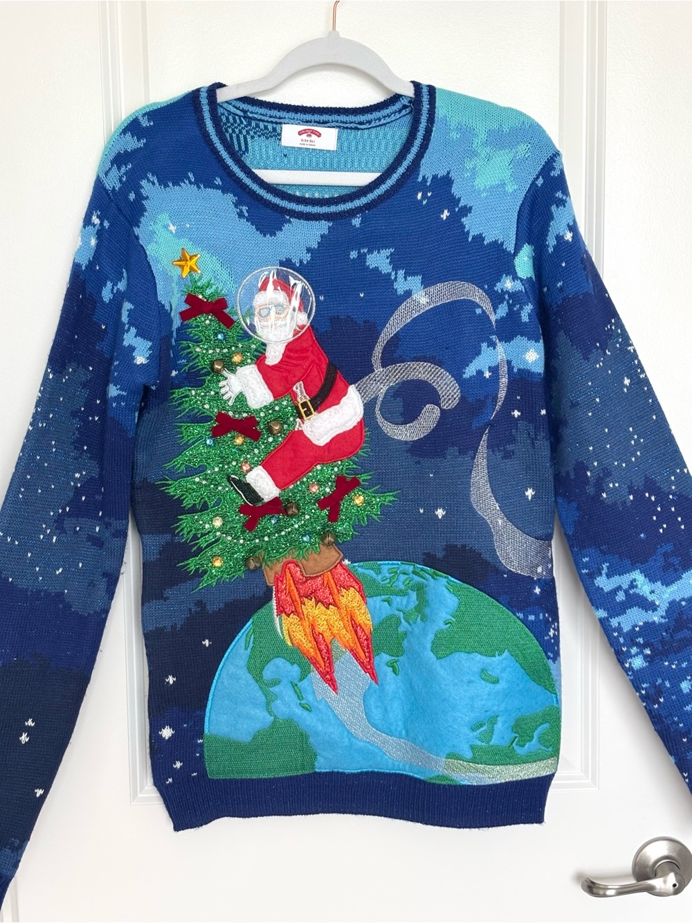 Holiday Time Santa Christmas Sweater S 34-36 Blue Novelty Ugly Christmas Y2K